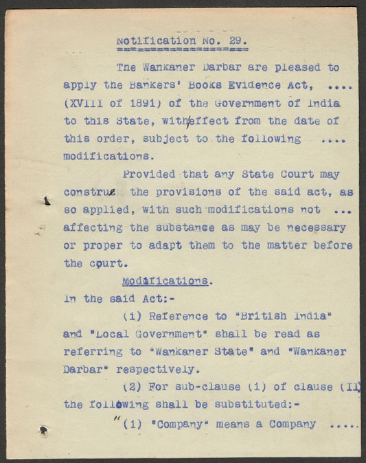 India 1945 BANKERS' BOOK EVIDENCE ACT signed Amar Singh MAHARAJA of WANKANER