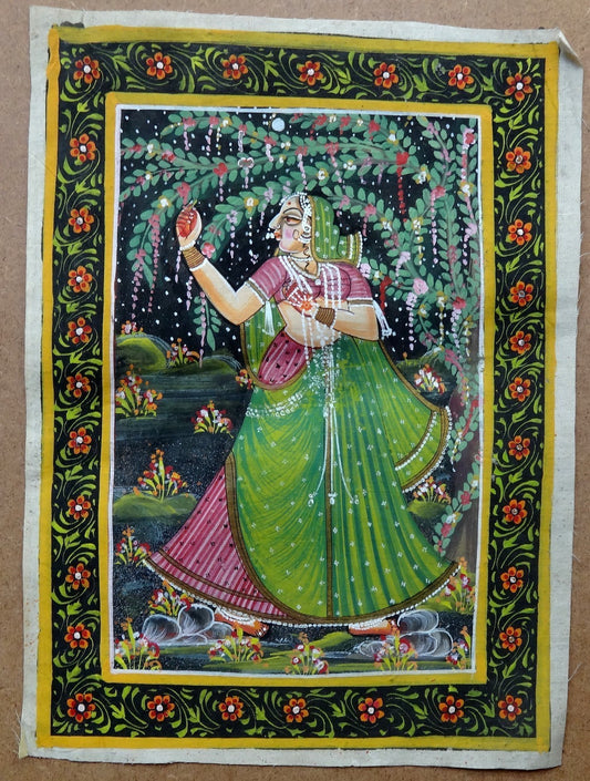 Radha dancing handpainted on cloth 21x28cm India Hindu Art