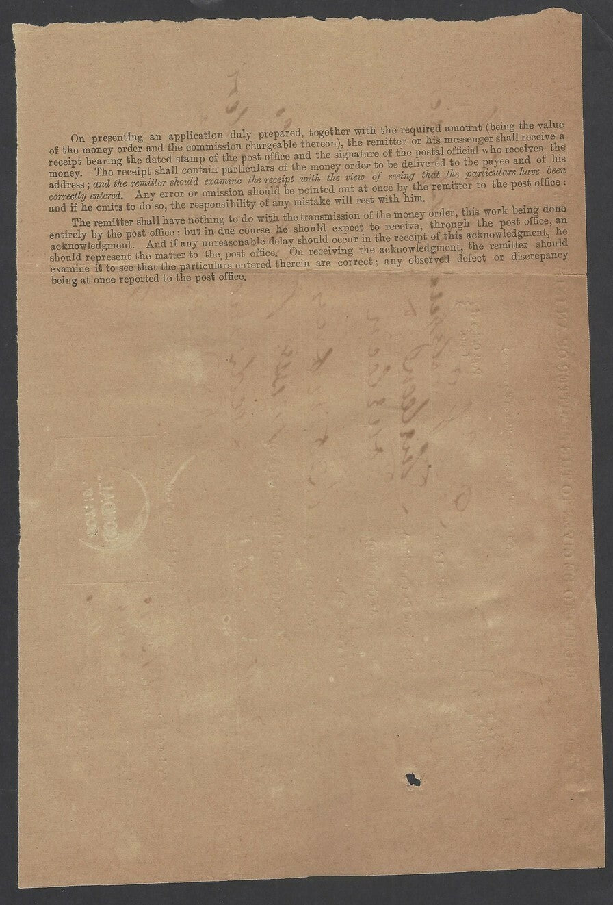 India 1881 receipt to Inland Money Order