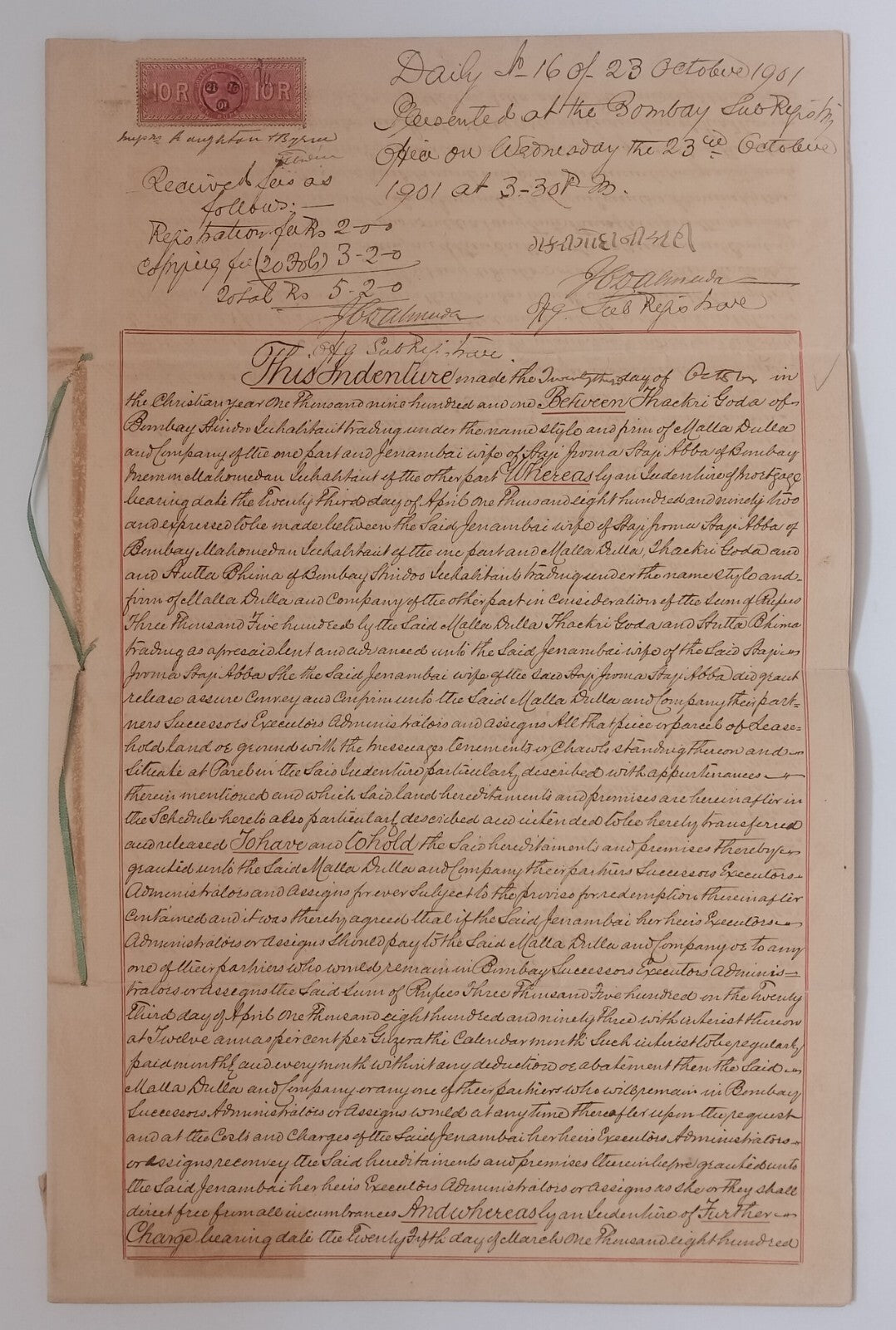 AOP India QV Queen Victoria 1868 Special Adhesive 10R on 1901 indenture 5 pgs