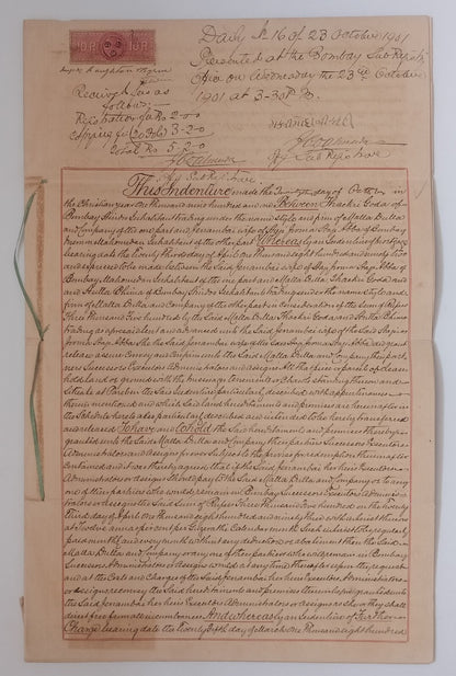 AOP India QV Queen Victoria 1868 Special Adhesive 10R on 1901 indenture 5 pgs