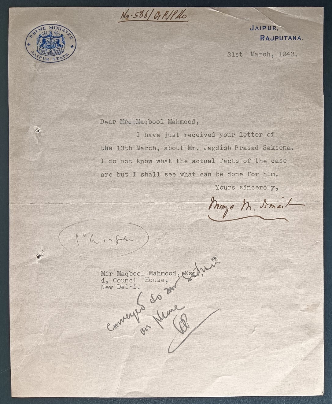 India 1942 crested letter PRIME MINISTER JAIPUR STATE signed Sir Mirza Ismail