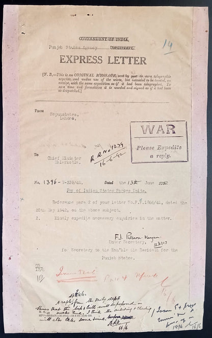 India 1942 Official Express Letter with boxed WAR - PLEASE EXPEDITE A REPLY