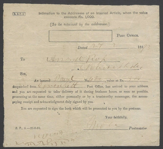 AOPIMT India 1889 INTIMATION TO AN ,,,, WHEN VALUE EXCEEDS RS. 1000