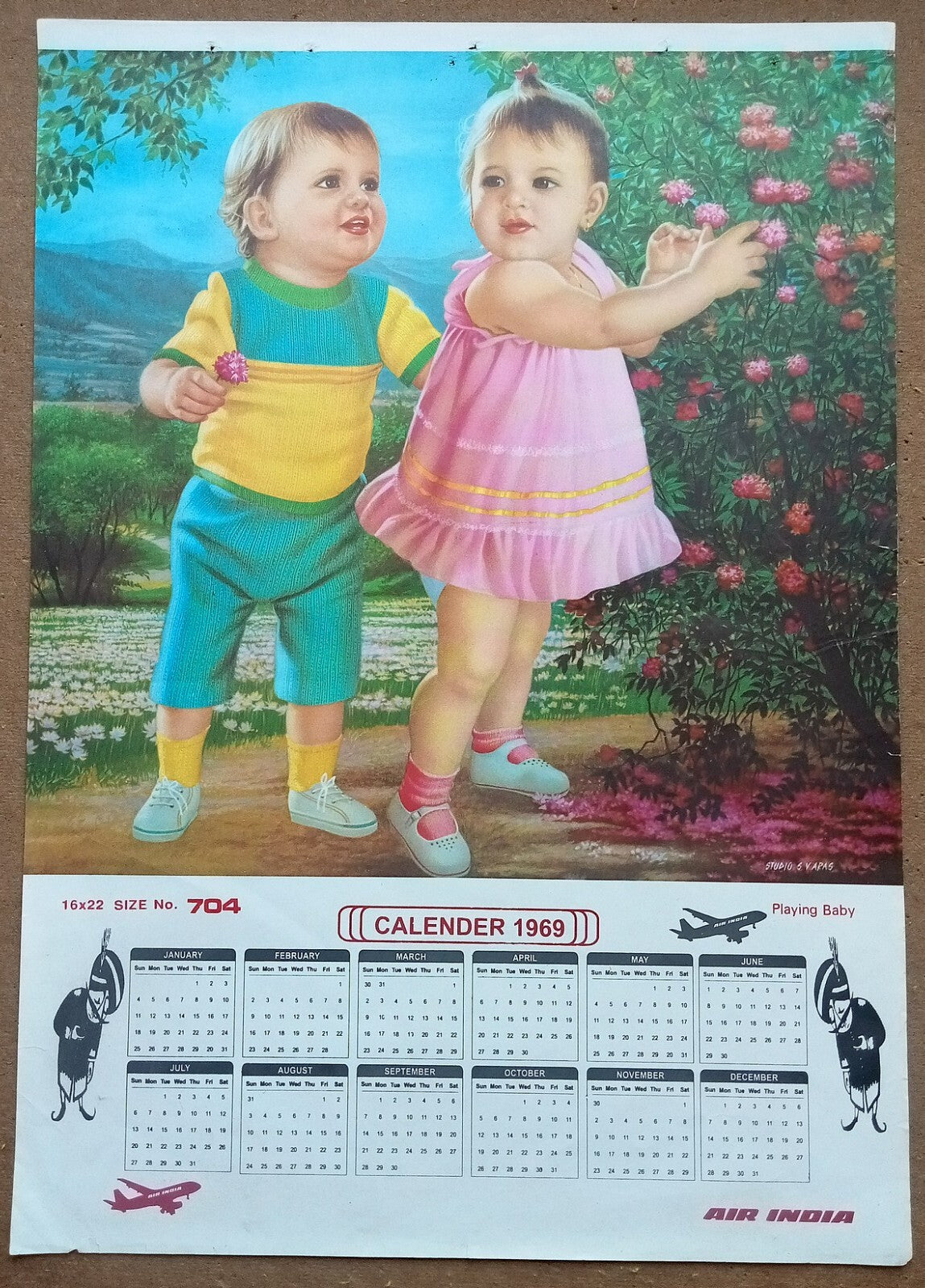 AIR INDIA 1969 poster calender 704 - PLAYING BABY - STUDIO : S. V. VARAS - R