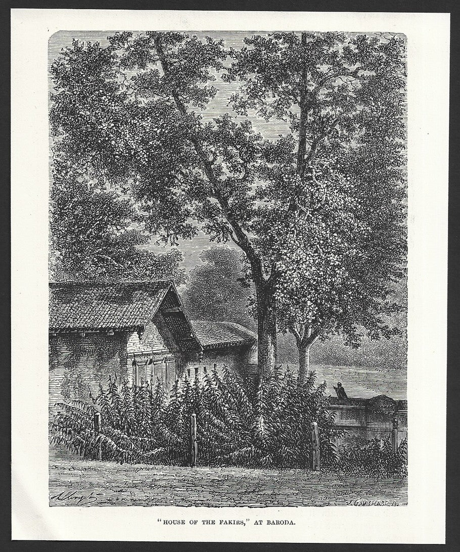 India "HOUSE OF THE FAKIRS" BARODA engraved print ex libris Rousslet 1876 7"x6"
