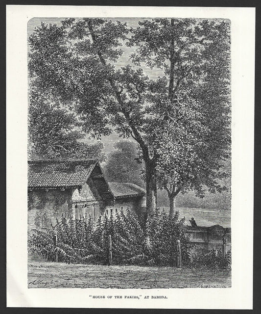India "HOUSE OF THE FAKIRS" BARODA engraved print ex libris Rousslet 1876 7"x6"
