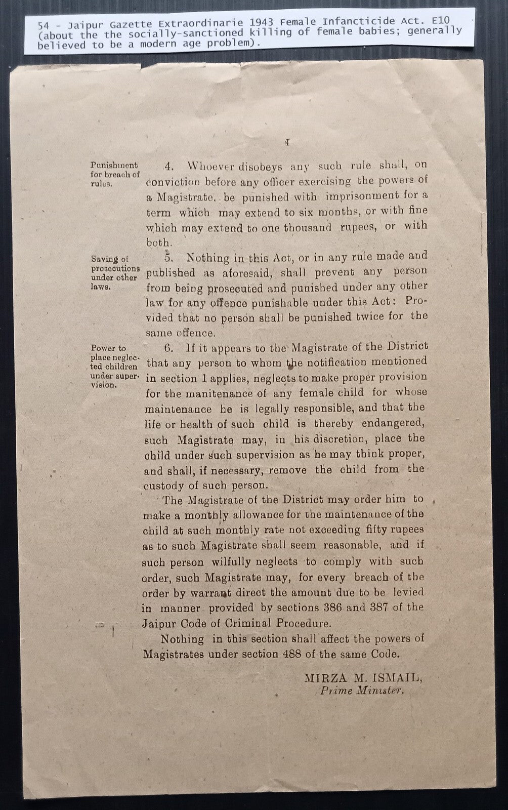 India Jaipur State 1943 Act Outlawing of the killing of Female Babies