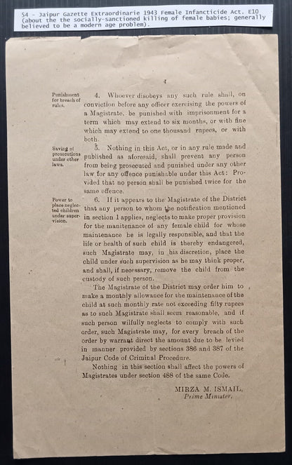 India Jaipur State 1943 Act Outlawing of the killing of Female Babies