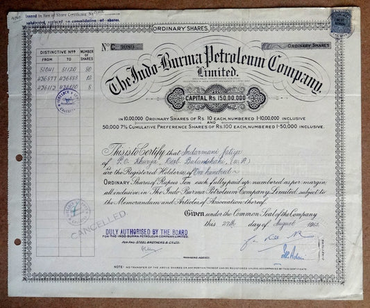 India 1962 The Indo Burma Petroleum Company, Ltd. share certificate