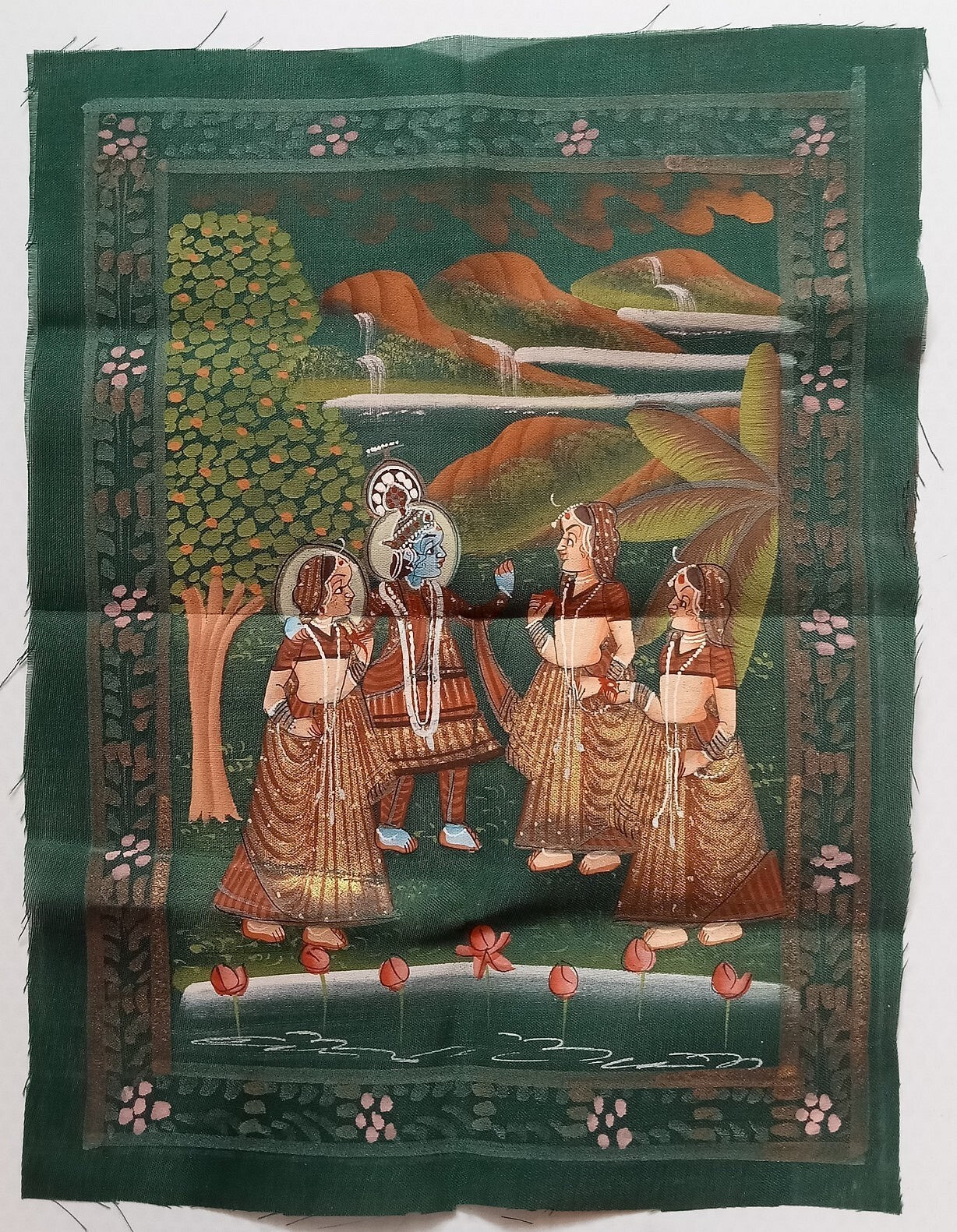 India vintage hand painting on cloth RADHA, KRISHNA & 2 GOPIS 9 x 12 inches