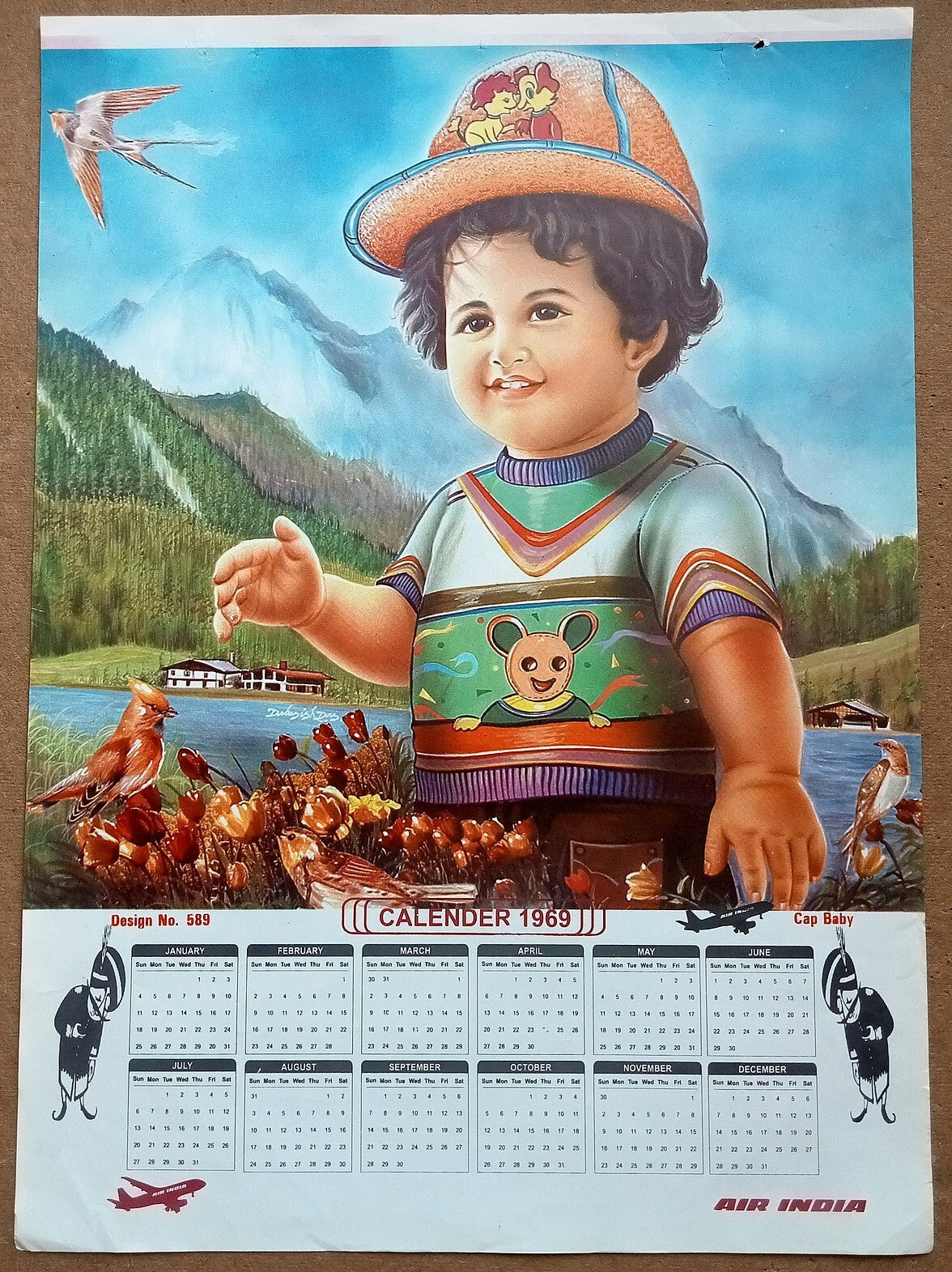 AIR INDIA 1969 poster calender 589 - CAP BABY - ARTIST : DEBASIS DAS - R
