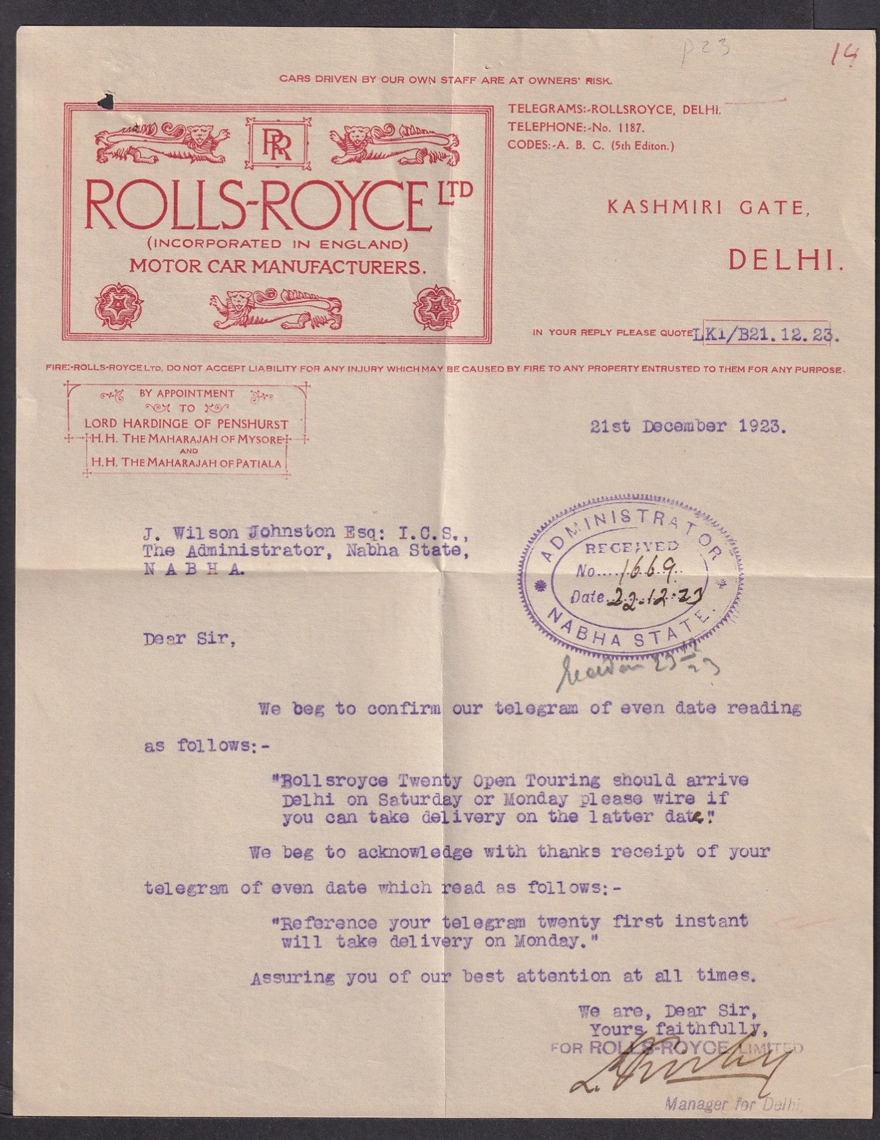 India Rolls Royce, Delhi 1923 pictorial used letterhead