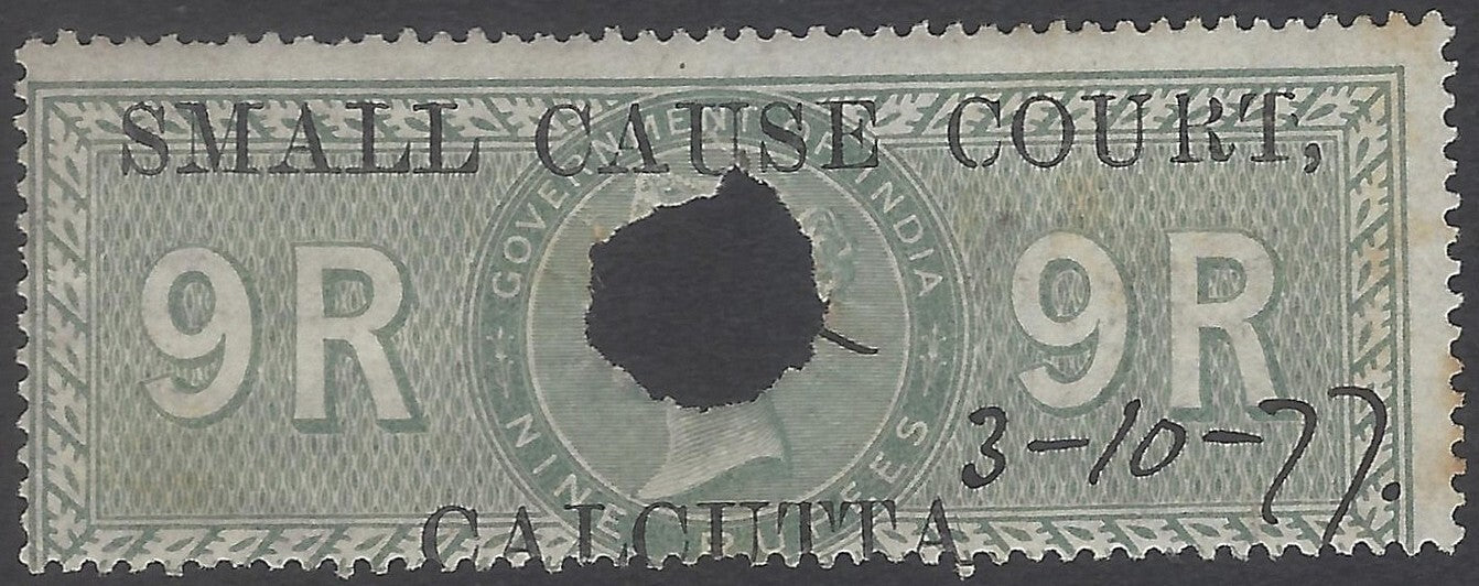 AOP India QV 1868 SMALL CAUSE COURT CALCUTTA ovpt on Special Adhesive 9R green