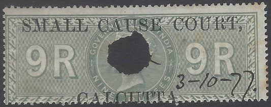 AOP India QV 1868 SMALL CAUSE COURT CALCUTTA ovpt on Special Adhesive 9R green