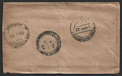 AOP India boxed "FOREIGN POSTAGE DUE/TWO ANNAS" on unpaid CEYLON cover 1932