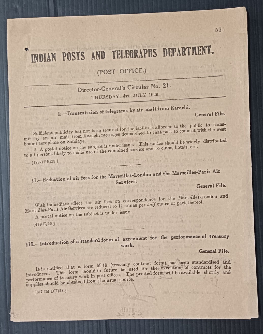 India 1929 DG'S POSTAL CIRCULAR Telegrams by air mail from Karachi, etc.