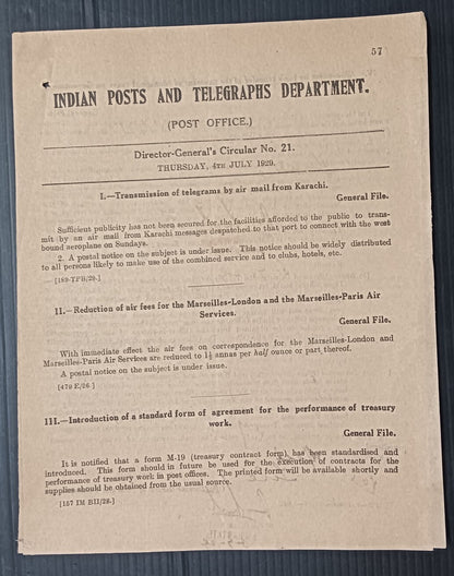 India 1929 DG'S POSTAL CIRCULAR Telegrams by air mail from Karachi, etc.