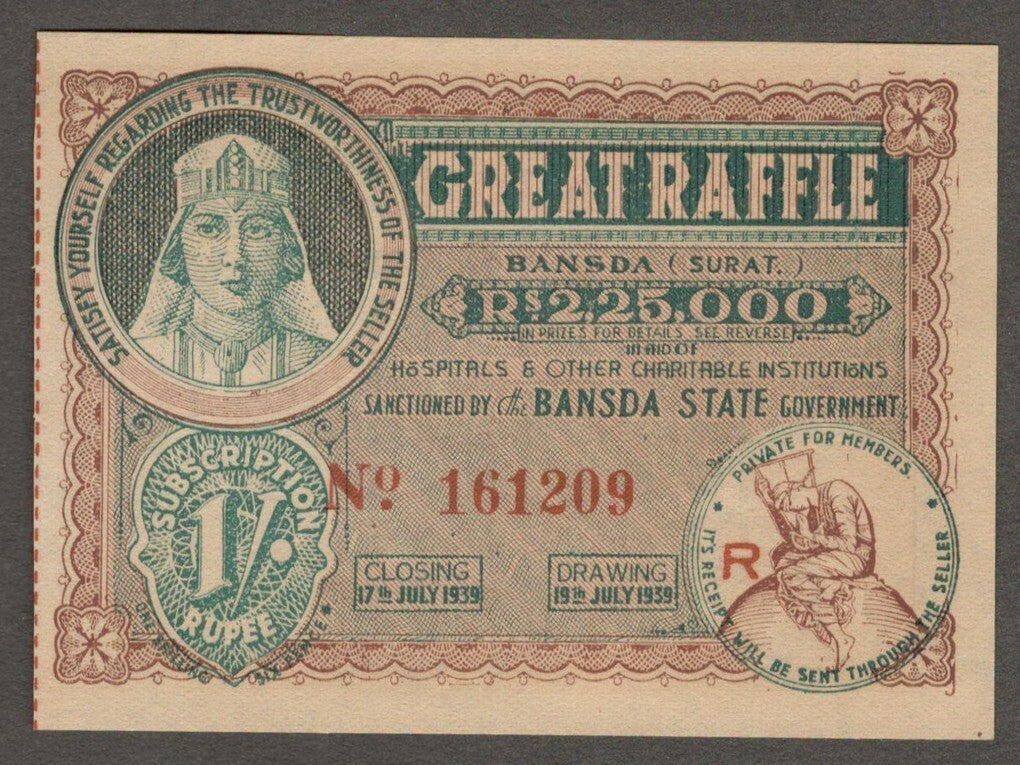 (AOP) India BANSDA STATE 1R Great Raffle ticket 1939
