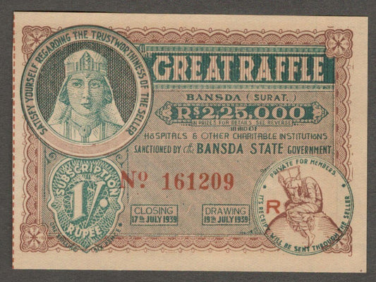 (AOP) India BANSDA STATE 1R Great Raffle ticket 1939