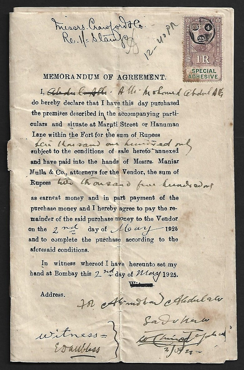 BOMBAY, India 1925 Hanuman Lane, Fort Property Auction doc wi KGV revenue stamp