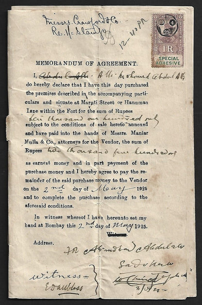 BOMBAY, India 1925 Hanuman Lane, Fort Property Auction doc wi KGV revenue stamp