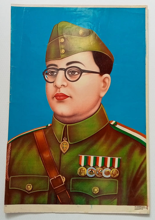 India vintage large poster SUBHAS CHANDRA BOSE 13"x21" inches by J B Khanna R