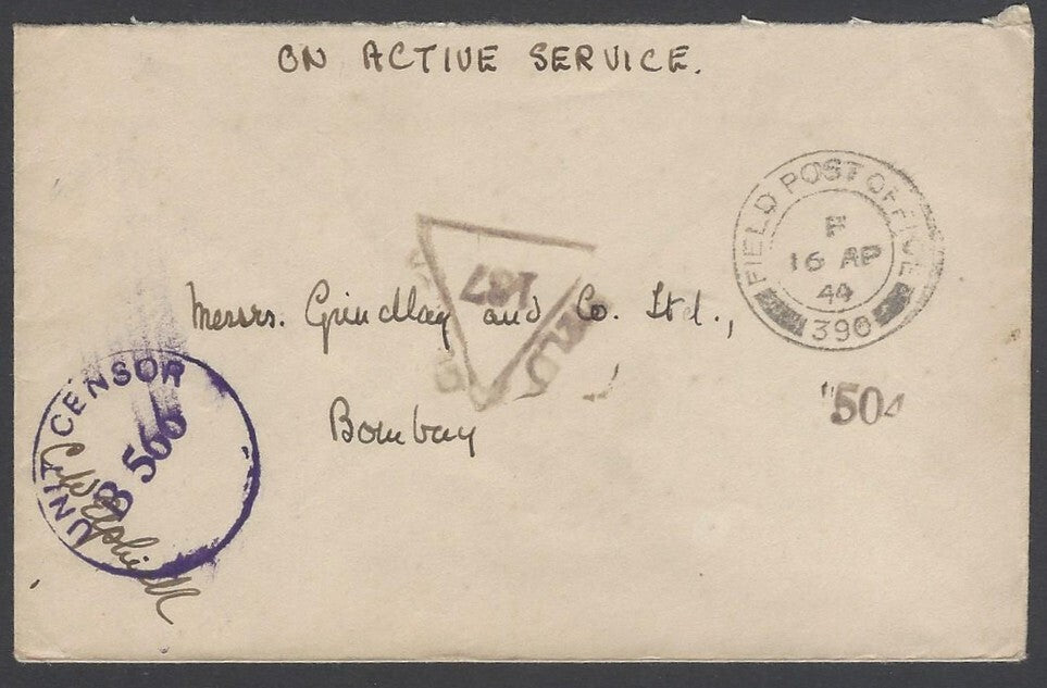 AOP India WW2 1944 On Active Service cover FPO 390 & 2 censors