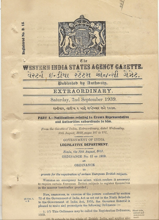 India 1939 WISA Gazette Foreigners Registration Ordinance 1939 - 6 pages