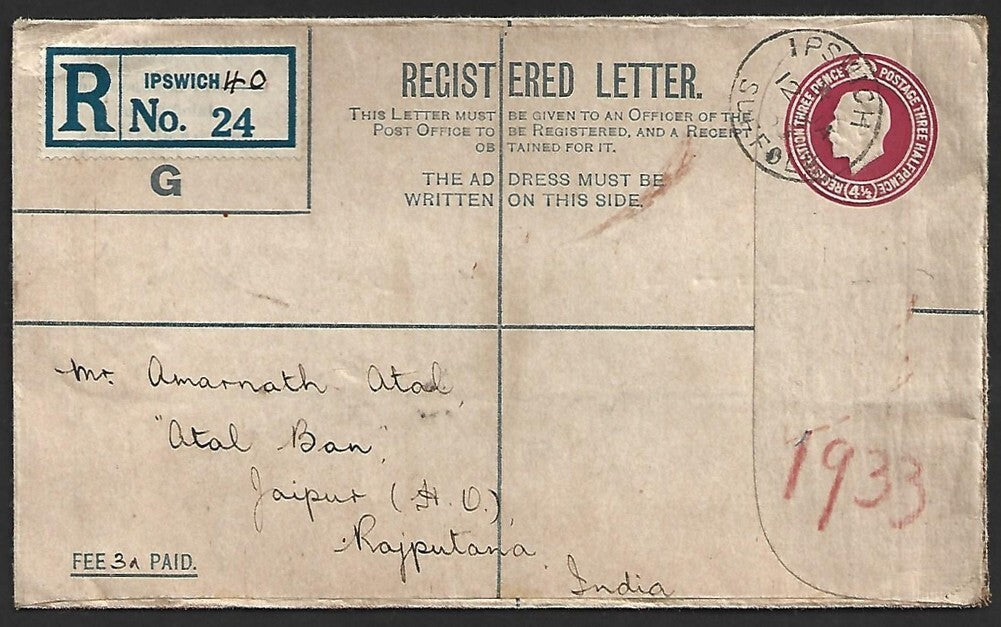 (AOP) GB KGV 4 1/2d registered envelope used Ipswich to Jaipur, India