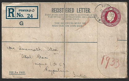 (AOP) GB KGV 4 1/2d registered envelope used Ipswich to Jaipur, India
