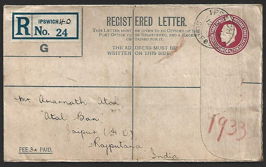 (AOP) GB KGV 4 1/2d registered envelope used Ipswich to Jaipur, India