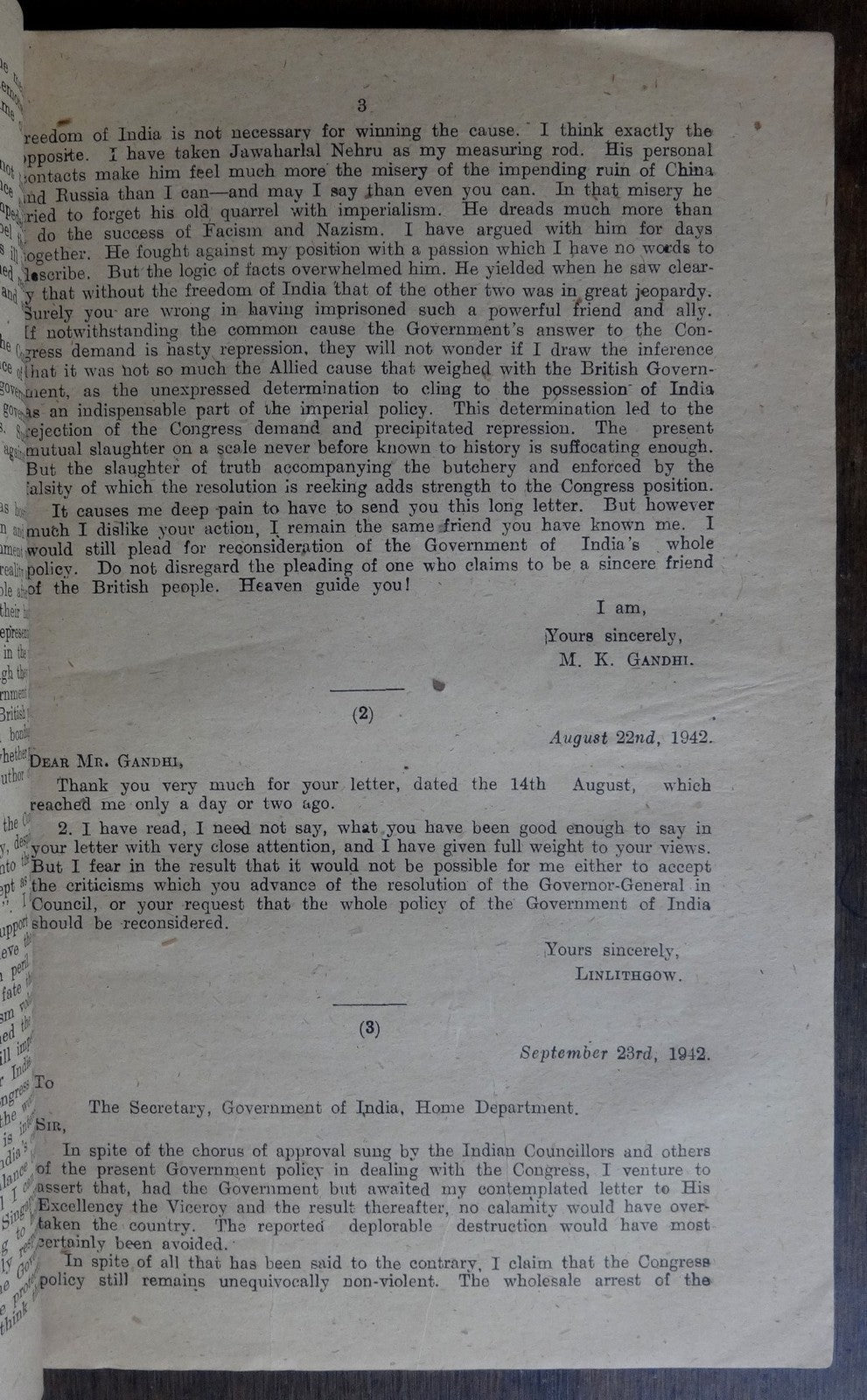 India 1944 GOI publication CORRESPONDENCE WITH MR. GANDHI 1942-4 125pgs