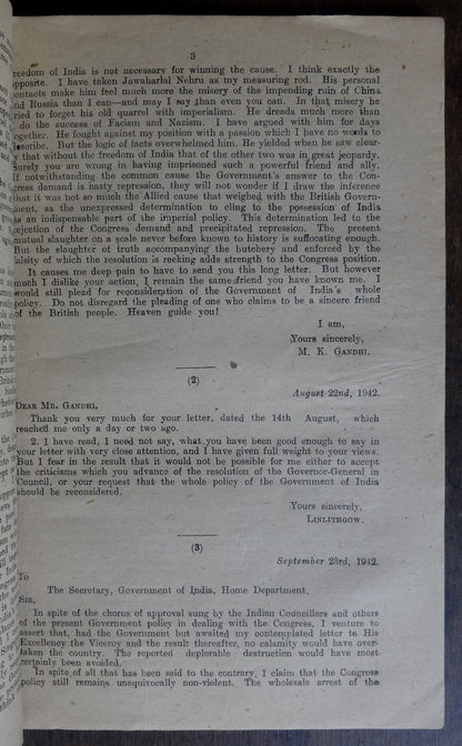 India 1944 GOI publication CORRESPONDENCE WITH MR. GANDHI 1942-4 125pgs