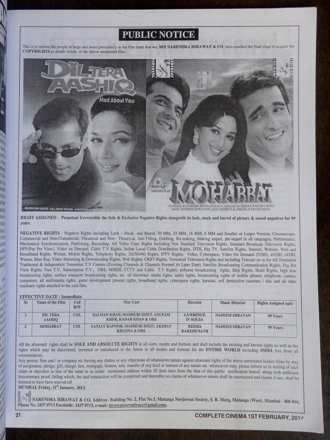 Bollywood Trade magazine COMPLETE CINEMA 1 Feb 2014 issue – Madhuri Dixit cover
