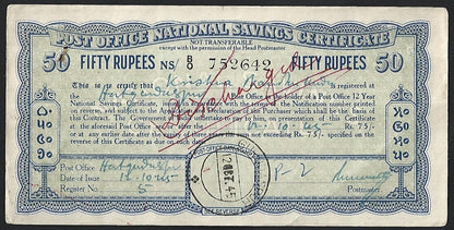 India 1943 issue Post Office National Savings Certificate 50R