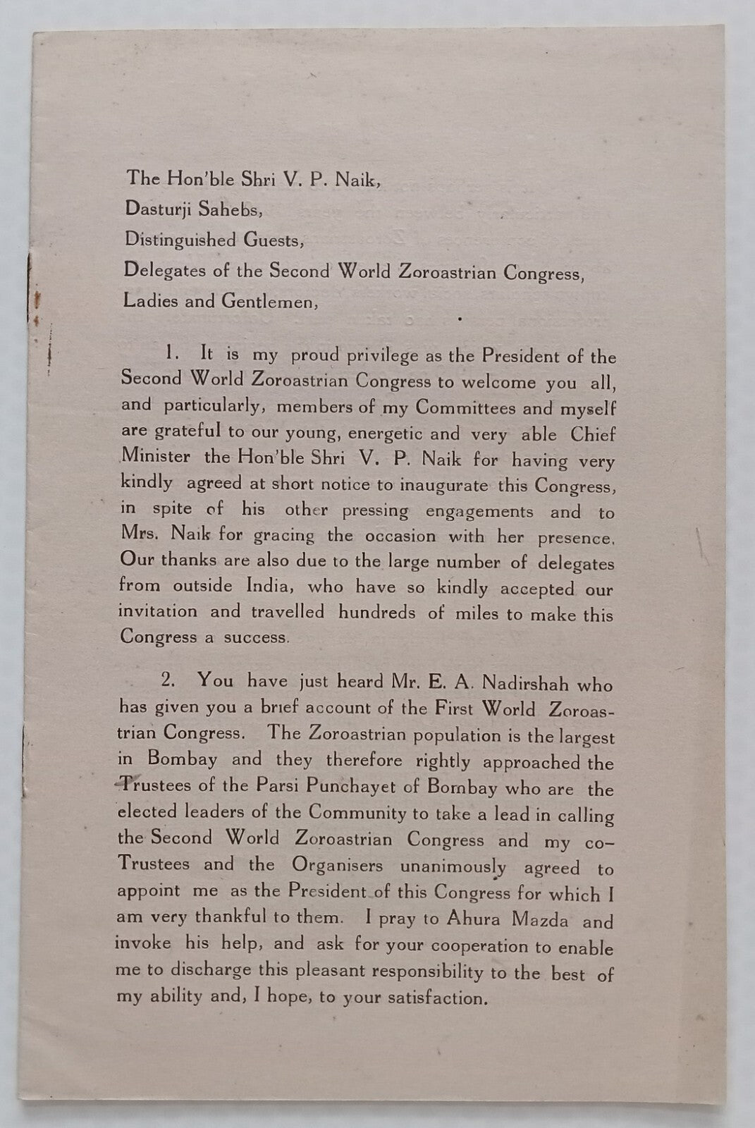 AOP 2nd World Zoroastrian Congress Inauguration speech 11pgs- India Parsee