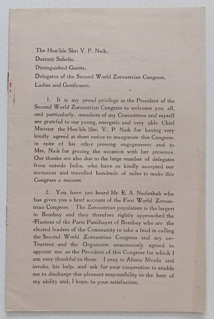 AOP 2nd World Zoroastrian Congress Inauguration speech 11pgs- India Parsee