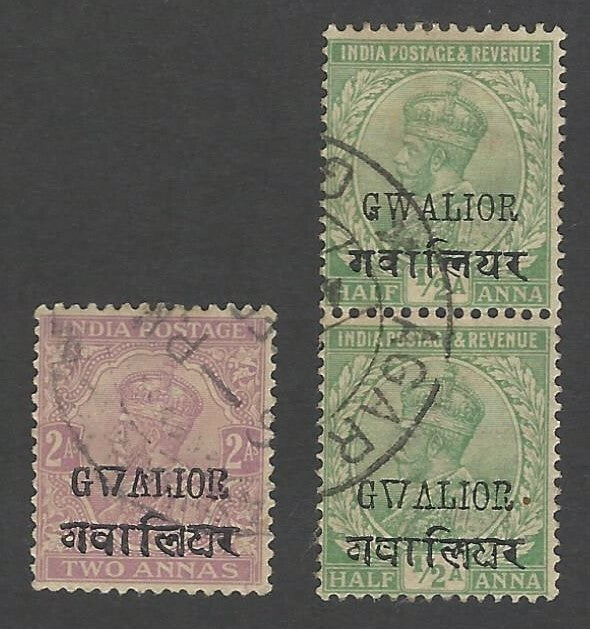 India Gwalior KGV 1/2a & 2a with constant errors GVALIOR & GAPALIGHAR (hindi) 