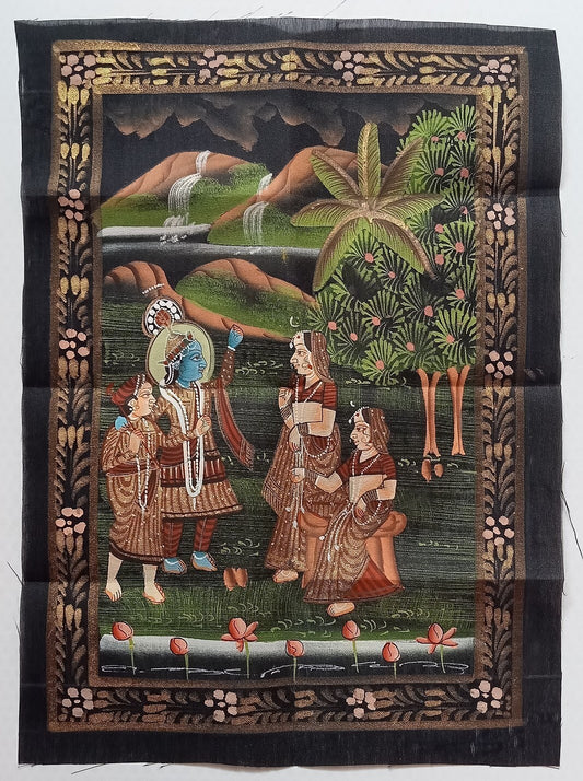 India vintage hand painting on cloth KRISHNA, BALRAM & 2 GOPI 9 x 12 inches