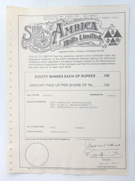 India 1992 Ambica Mills share certificate