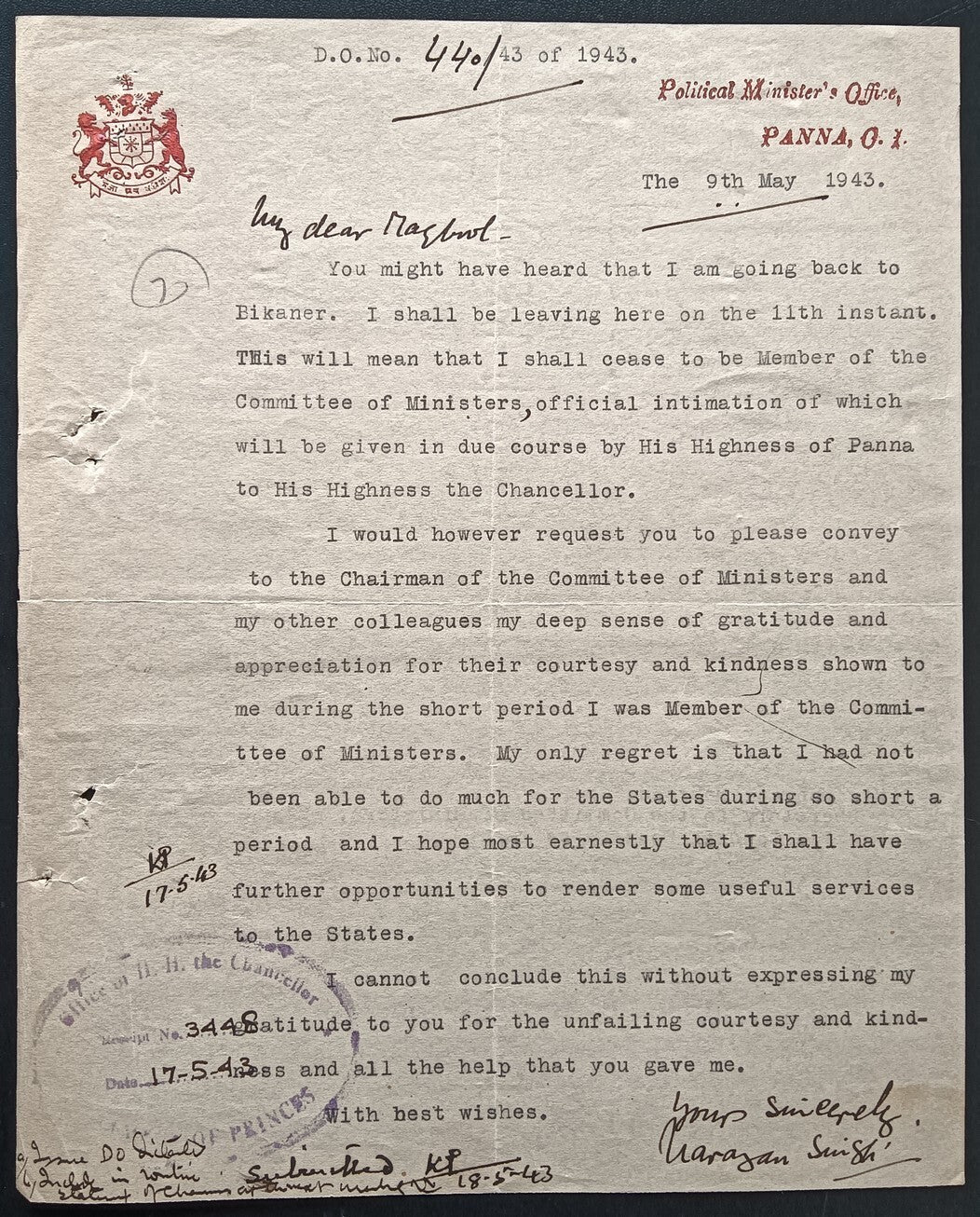 India 1943 crested letter PANNA STATE