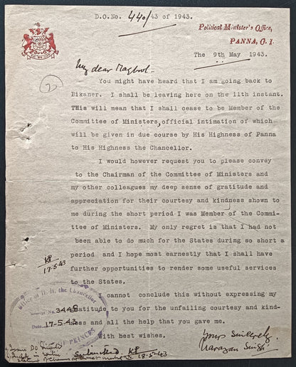 India 1943 crested letter PANNA STATE