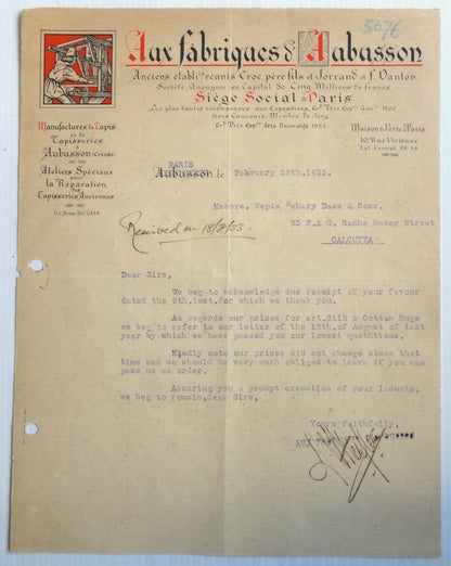 Antique Carpet Restorer Paris 1933 illustrated letterhead to India