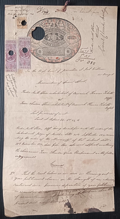 India APPELLATE TALLUBANA on QV Foreign Bill 1R8a x 2 on 4R stamp paper zaz