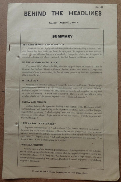 India WW2 Propaganda rag BEHIND THE HEADLINES 1943 AMERICAN OPINION 8pgs