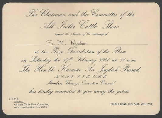 AOP India 1940 ALL INDIA CATTLE SHOW invitation