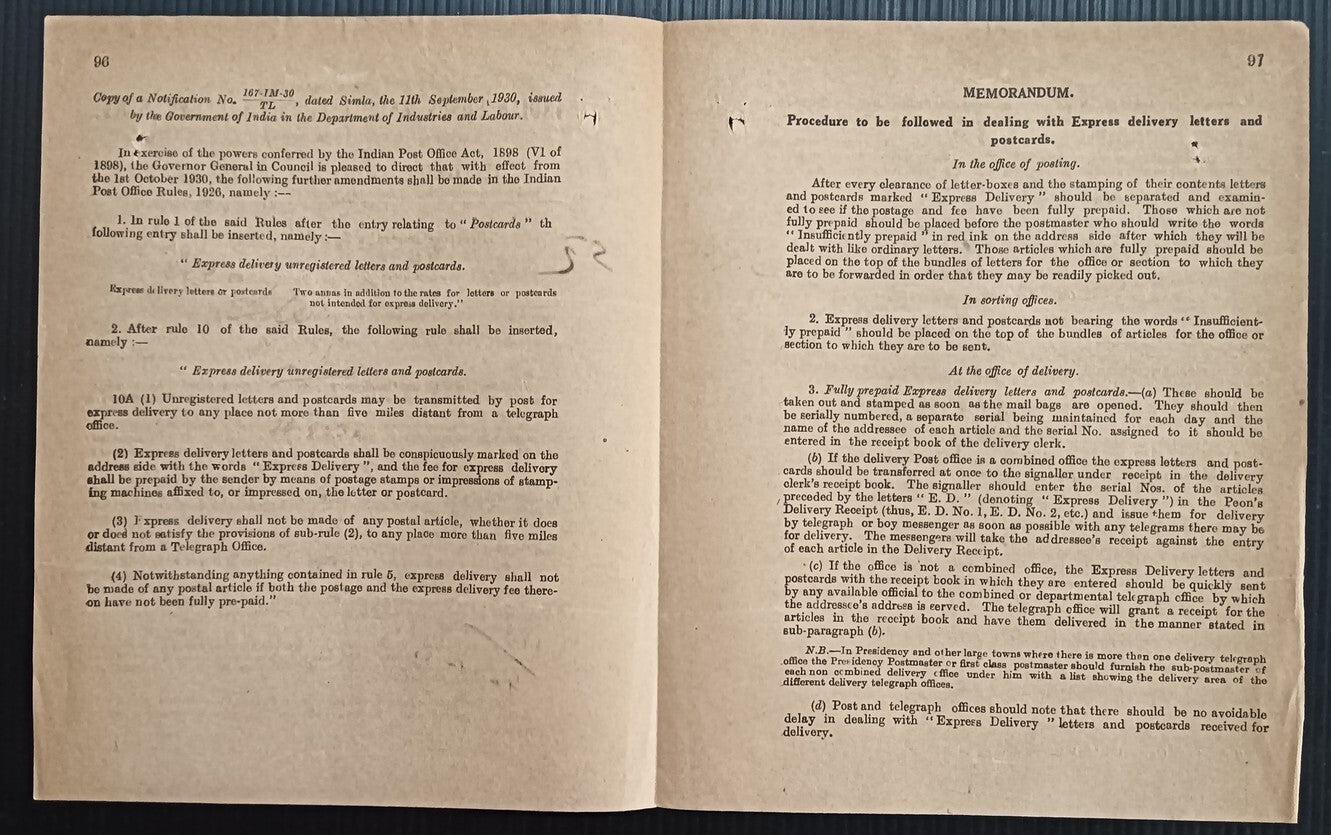 India POSTAL NOTICE 1930 Express delivery of Unregistered articles + CIRCULAR