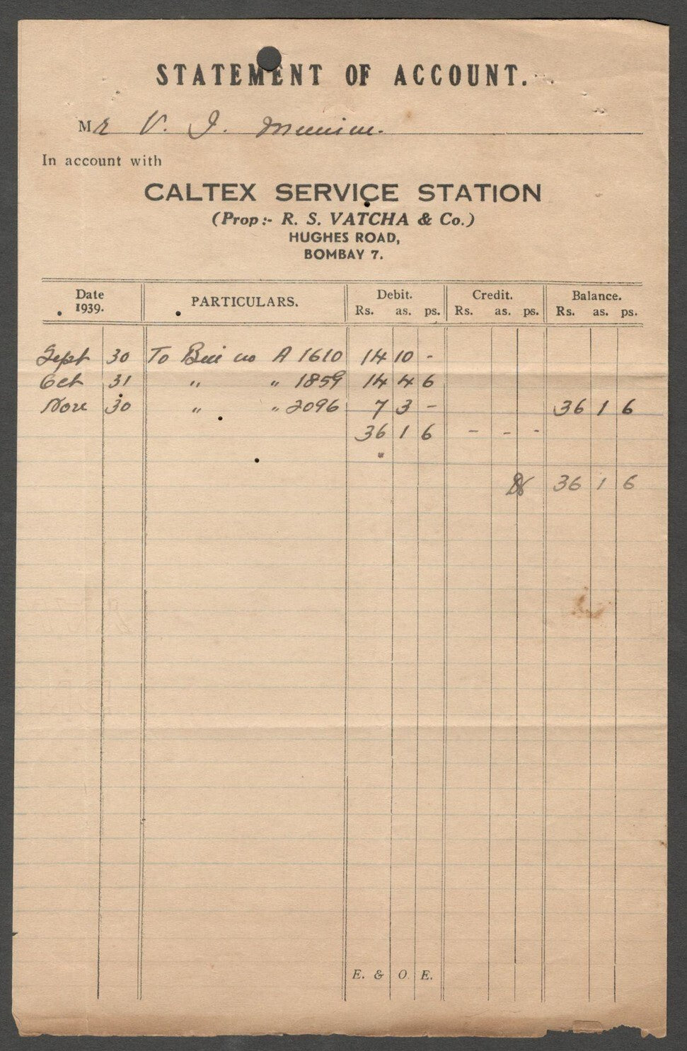 AOP India CALTEX SERVICE STATION (automobile), Bombay 1939 receipt