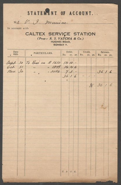 AOP India CALTEX SERVICE STATION (automobile), Bombay 1939 receipt